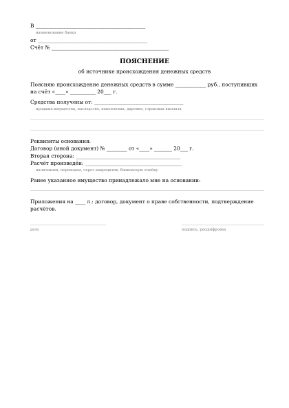 Первая страница бланка: Пояснение об источнике происхождения средств